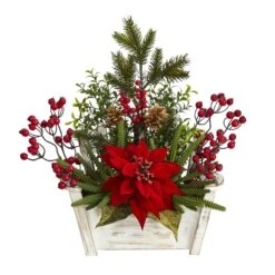 18” Poinsettia, Succulent And Berry Artificial Arrangement In Bench Planter
