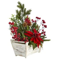 18” Poinsettia, Succulent And Berry Artificial Arrangement In Bench Planter -Artificial Trees Store artificial 18 poinsettia succulent and berry artificial arrangement in bench planter nearly natural 845746
