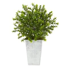 19” Boxwood Artificial Plant In Embossed White Planter (Indoor/Outdoor)