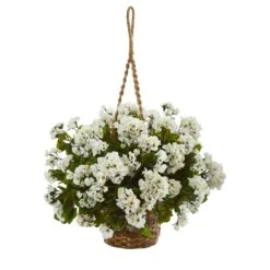 19” Geranium Hanging Basket Artificial Plant UV Resistant (Indoor/Outdoor) -Artificial Trees Store artificial 19 geranium hanging basket artificial plant uv resistant indooroutdoor nearly natural white 509463