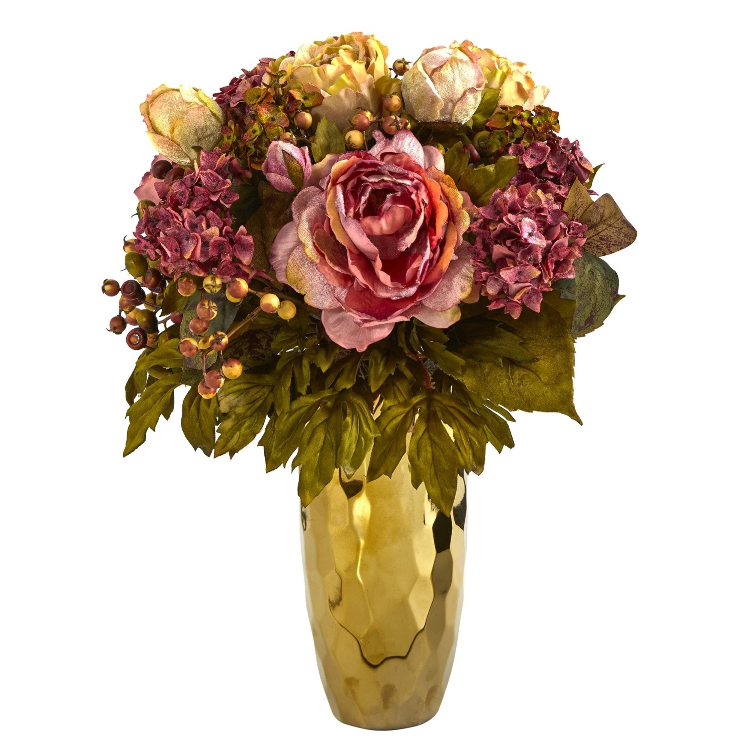 19” Peony Artificial Arrangement In Gold Vase 1 19” Peony Artificial Arrangement In Gold Vase
