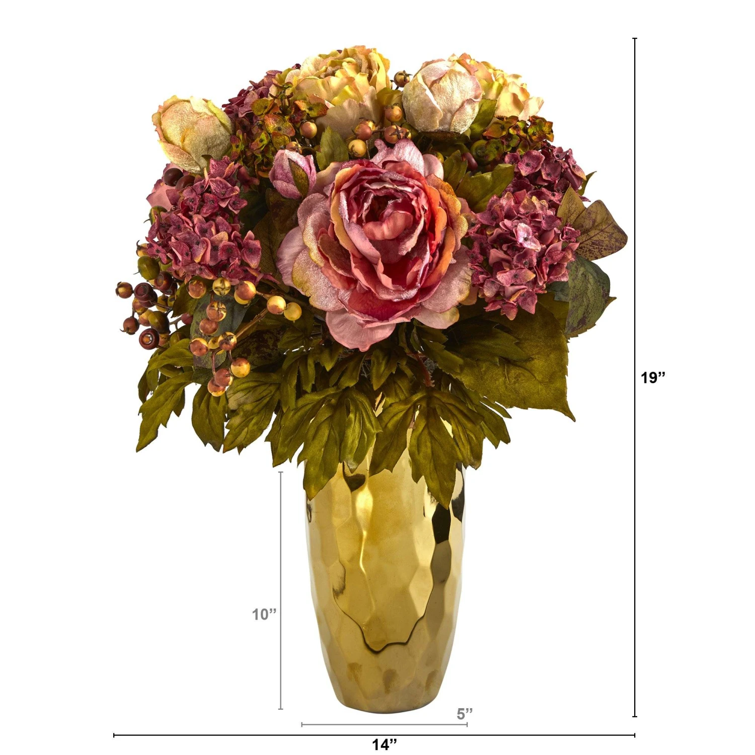 19” Peony Artificial Arrangement In Gold Vase 3 19” Peony Artificial Arrangement In Gold Vase - Image 3