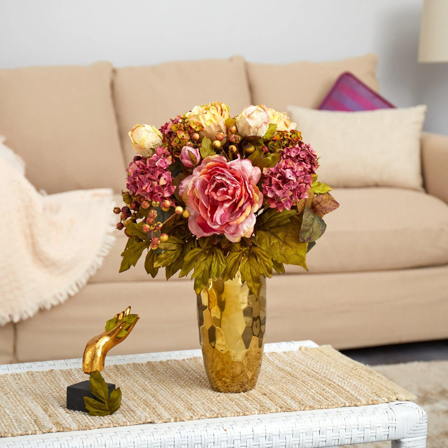 19” Peony Artificial Arrangement In Gold Vase 2 19” Peony Artificial Arrangement In Gold Vase - Image 2