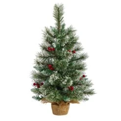 2’ Snow Tipped Pine And Berry Artificial Christmas Tree With 35 Warm White LED Lights In Burlap Base -Artificial Trees Store artificial 2 snow tipped pine and berry artificial christmas tree with 35 warm white led lights in burlap base nearly natural 411828