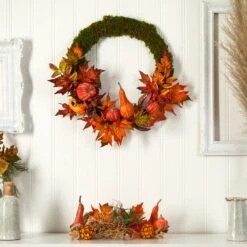 20” Autumn Pumpkin, Gourd And Fall Maple Leaf Artificial Wreath -Artificial Trees Store artificial 20 autumn pumpkin gourd and fall maple leaf artificial wreath nearly natural 394936