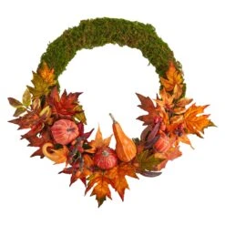 20” Autumn Pumpkin, Gourd And Fall Maple Leaf Artificial Wreath
