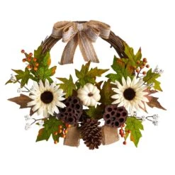20” Autumn Sunflower, White Pumpkin And Dried Lotus Pod Artificial Fall Wreath With Decorative Bow