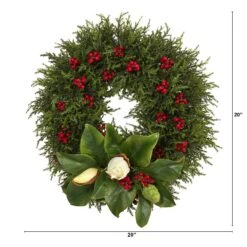 20” Cedar, Berries And Magnolia Artificial Christmas Wreath -Artificial Trees Store artificial 20 cedar berries and magnolia artificial christmas wreath nearly natural 110166