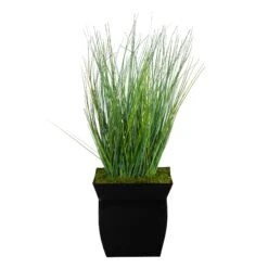 21” Onion Grass Artificial Plant In Black Metal Planter
