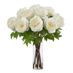 22” Artificial Peony Arrangement With Cylinder Glass Vase