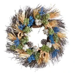 22” Autumn Cotton, Eucalyptus, Berries And Pinecones Artificial Fall Wreath