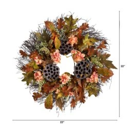22” Autumn Hydrangea, Dried Lotus Pod Artificial Fall Wreath -Artificial Trees Store artificial 22 autumn hydrangea dried lotus pod artificial fall wreath nearly natural 391699