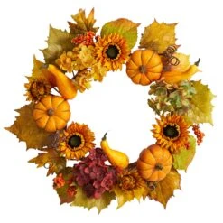 22” Autumn Hydrangea, Pumpkin And Sunflower Artificial Fall Wreath