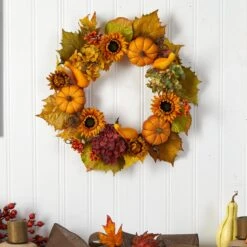 22” Autumn Hydrangea, Pumpkin And Sunflower Artificial Fall Wreath -Artificial Trees Store artificial 22 autumn hydrangea pumpkin and sunflower artificial fall wreath nearly natural 669707