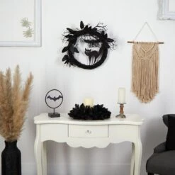 22” Halloween Black Cat And Bat Boo Twig Wreath -Artificial Trees Store artificial 22 halloween black cat and bat boo twig wreath nearly natural 725727