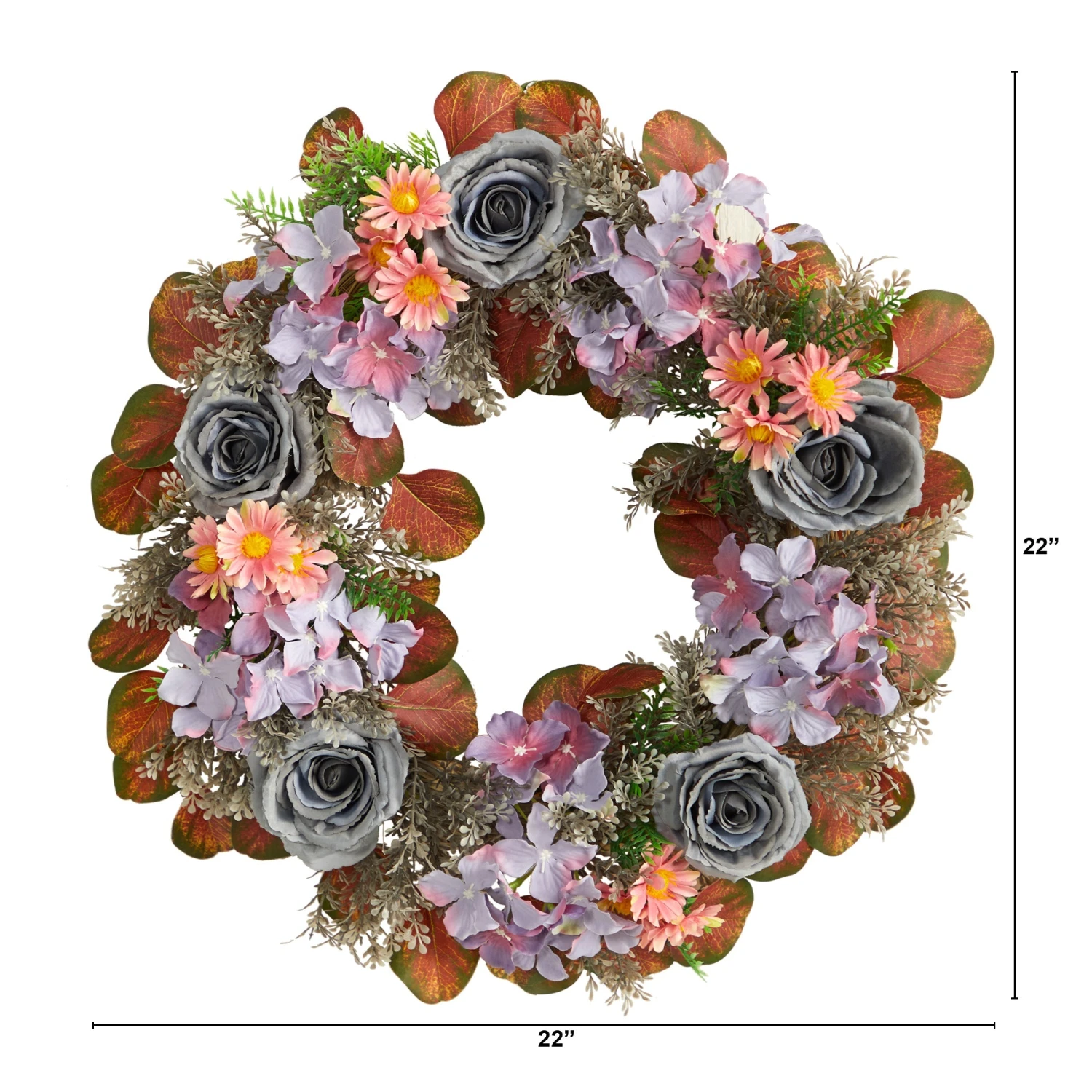 22” Silver Rose And Purple Hydrangea Artificial Wreath 2 22” Silver Rose And Purple Hydrangea Artificial Wreath - Image 2