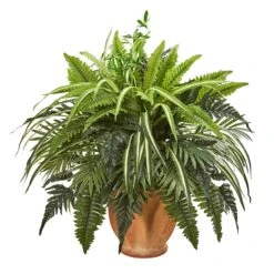 23” Mixed Greens And Fern Artificial Plant InTerra Cotta Planter