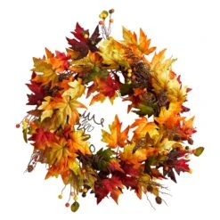 24” Autumn Maple Leaf And Berries Artificial Fall Wreath With Twig Base
