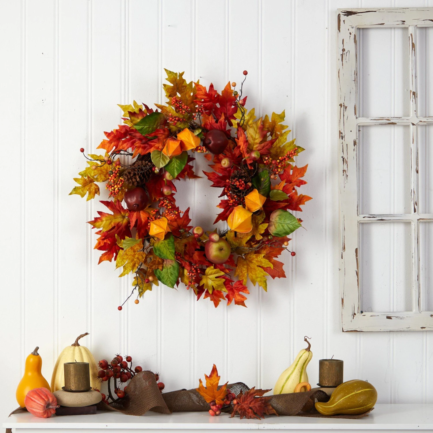 24” Autumn Maple Leaf And Berries Fall Artificial Wreath 4 24” Autumn Maple Leaf And Berries Fall Artificial Wreath - Image 4