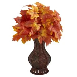 24” Autumn Maple Leaf Artificial Plant In Decorative Planter