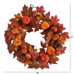 24” Autumn Maple Leaves, Pumpkin, Pinecone And Berries Artificial Fall Wreath -Artificial Trees Store artificial 24 autumn maple leaves pumpkin pinecone and berries artificial fall wreath nearly natural 472826