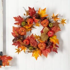 24” Autumn Pumpkin And Berries Artificial Fall Wreath -Artificial Trees Store artificial 24 autumn pumpkin and berries artificial fall wreath nearly natural 147205