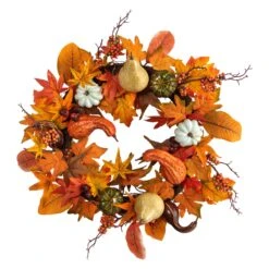 24” Autumn Pumpkin, Gourd And Berries In Assorted Colors Artificial Fall Wreath