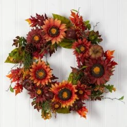 24” Autumn Sunflower, Pumpkin, Pinecone And Berries Fall Artificial Wreat -Artificial Trees Store artificial 24 autumn sunflower pumpkin pinecone and berries fall artificial wreath nearly natural 478889