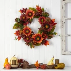 24” Autumn Sunflower, Pumpkin, Pinecone And Berries Fall Artificial Wreat -Artificial Trees Store artificial 24 autumn sunflower pumpkin pinecone and berries fall artificial wreath nearly natural 892310