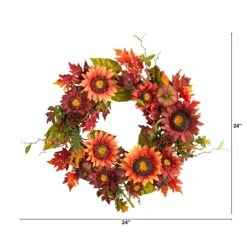 24” Autumn Sunflower, Pumpkin, Pinecone And Berries Fall Artificial Wreat -Artificial Trees Store artificial 24 autumn sunflower pumpkin pinecone and berries fall artificial wreath nearly natural 987338