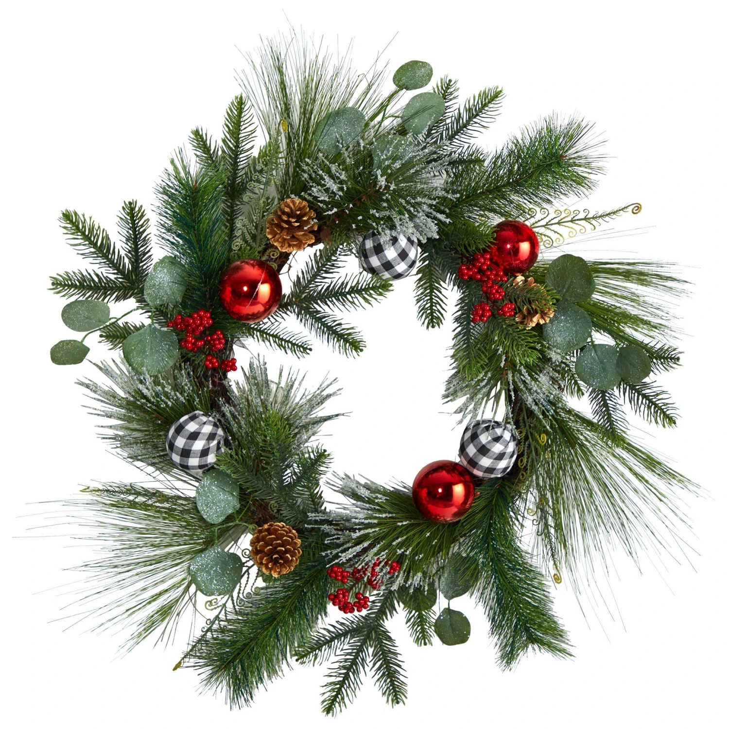 24” Berry And Pinecone Artificial Christmas Wreath With Ornaments 1 24” Berry And Pinecone Artificial Christmas Wreath With Ornaments
