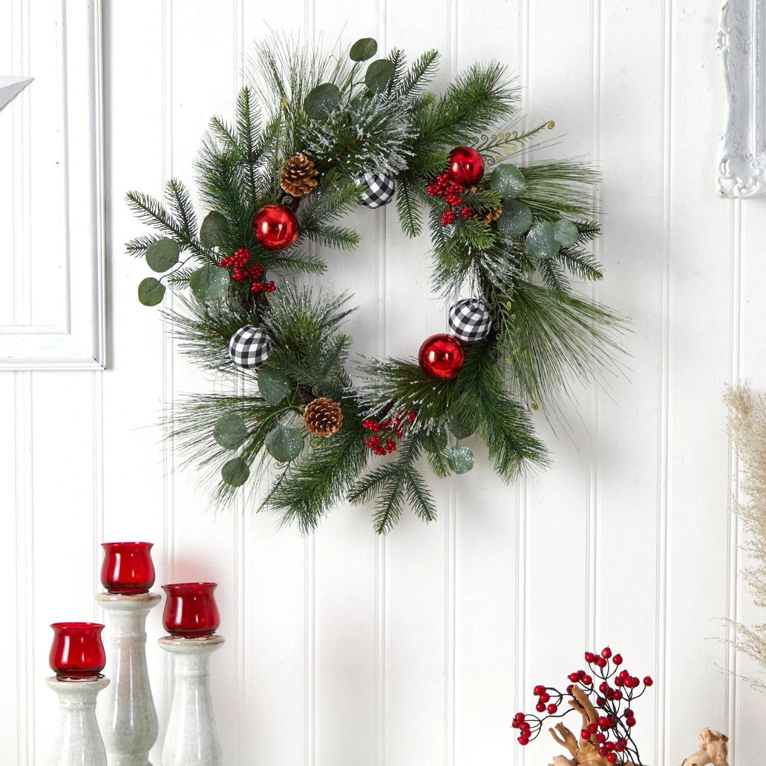 24” Berry And Pinecone Artificial Christmas Wreath With Ornaments 4 24” Berry And Pinecone Artificial Christmas Wreath With Ornaments - Image 4