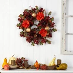 24” Fall Dahlia, Golden Apple, Oak Leaf And Berries Autumn Artificial Wreath 8 24” Fall Dahlia, Golden Apple, Oak Leaf And Berries Autumn Artificial Wreath -Artificial Trees Store artificial 24 fall dahlia golden apple oak leaf and berries autumn artificial wreath nearly natural 626310