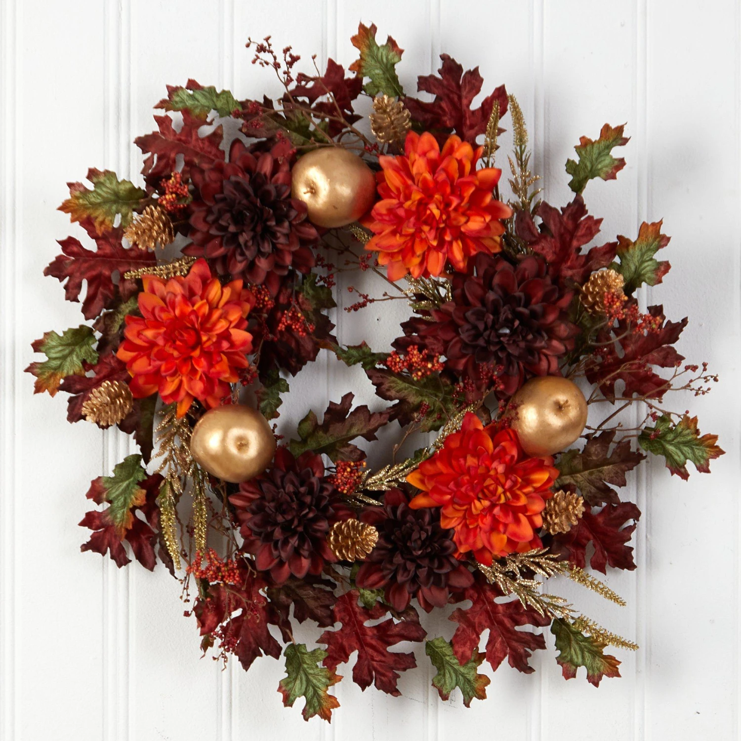 24” Fall Dahlia, Golden Apple, Oak Leaf And Berries Autumn Artificial Wreath 5 24” Fall Dahlia, Golden Apple, Oak Leaf And Berries Autumn Artificial Wreath - Image 5