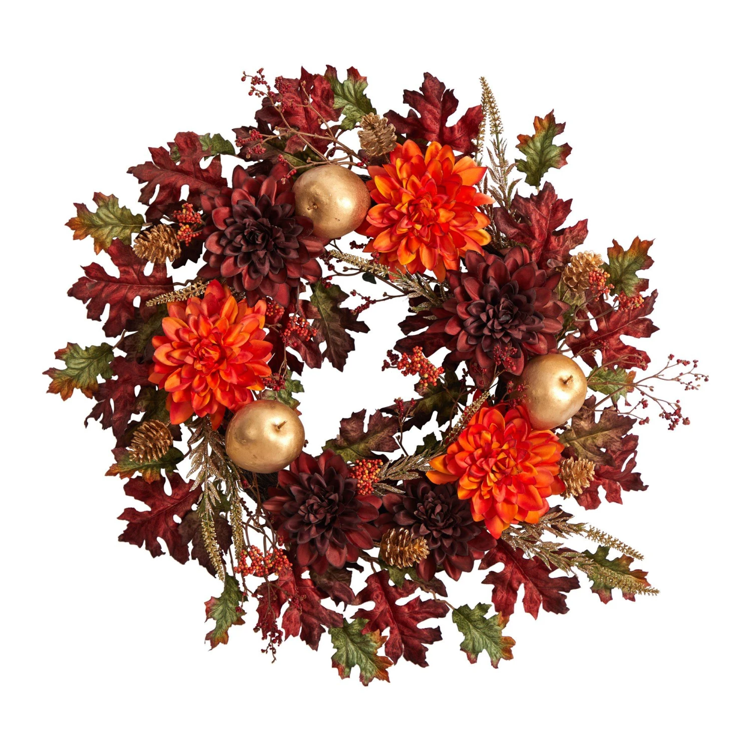 24” Fall Dahlia, Golden Apple, Oak Leaf And Berries Autumn Artificial Wreath 1 24” Fall Dahlia, Golden Apple, Oak Leaf And Berries Autumn Artificial Wreath