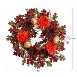 24” Fall Dahlia, Golden Apple, Oak Leaf And Berries Autumn Artificial Wreath 7 24” Fall Dahlia, Golden Apple, Oak Leaf And Berries Autumn Artificial Wreath -Artificial Trees Store artificial 24 fall dahlia golden apple oak leaf and berries autumn artificial wreath nearly natural 996083