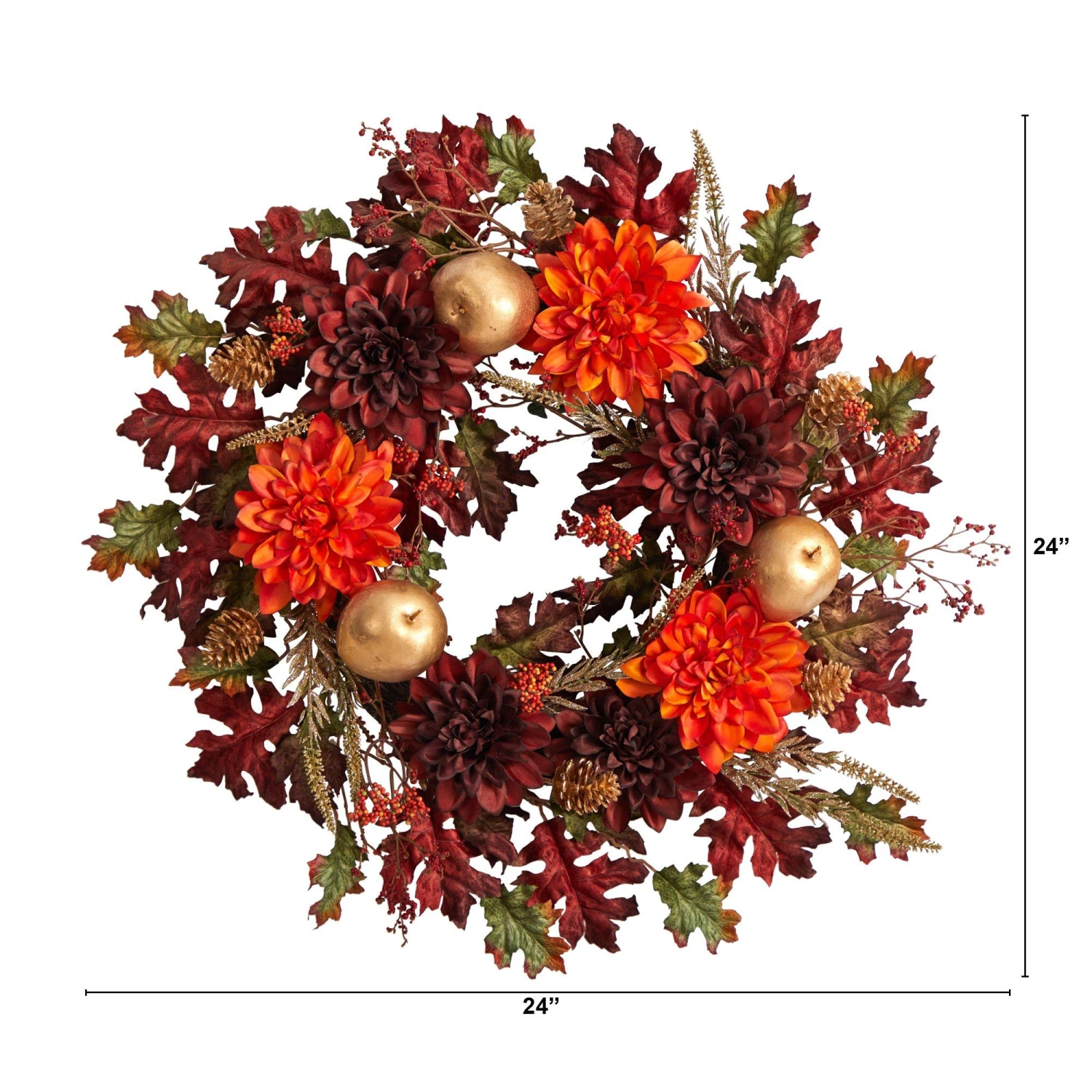 24” Fall Dahlia, Golden Apple, Oak Leaf And Berries Autumn Artificial Wreath 3 24” Fall Dahlia, Golden Apple, Oak Leaf And Berries Autumn Artificial Wreath - Image 3