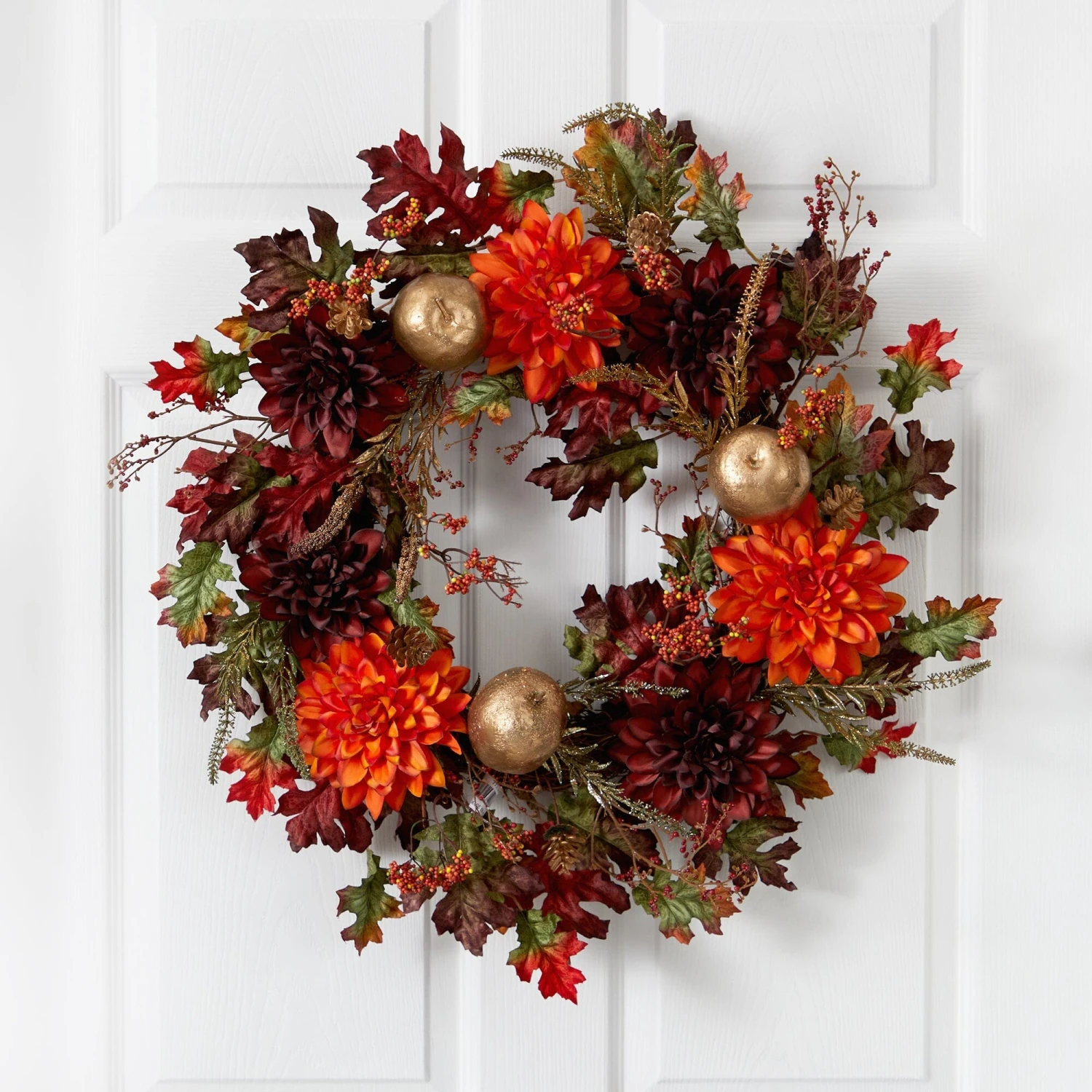 24” Fall Dahlia, Golden Apple, Oak Leaf And Berries Autumn Artificial Wreath 2 24” Fall Dahlia, Golden Apple, Oak Leaf And Berries Autumn Artificial Wreath - Image 2