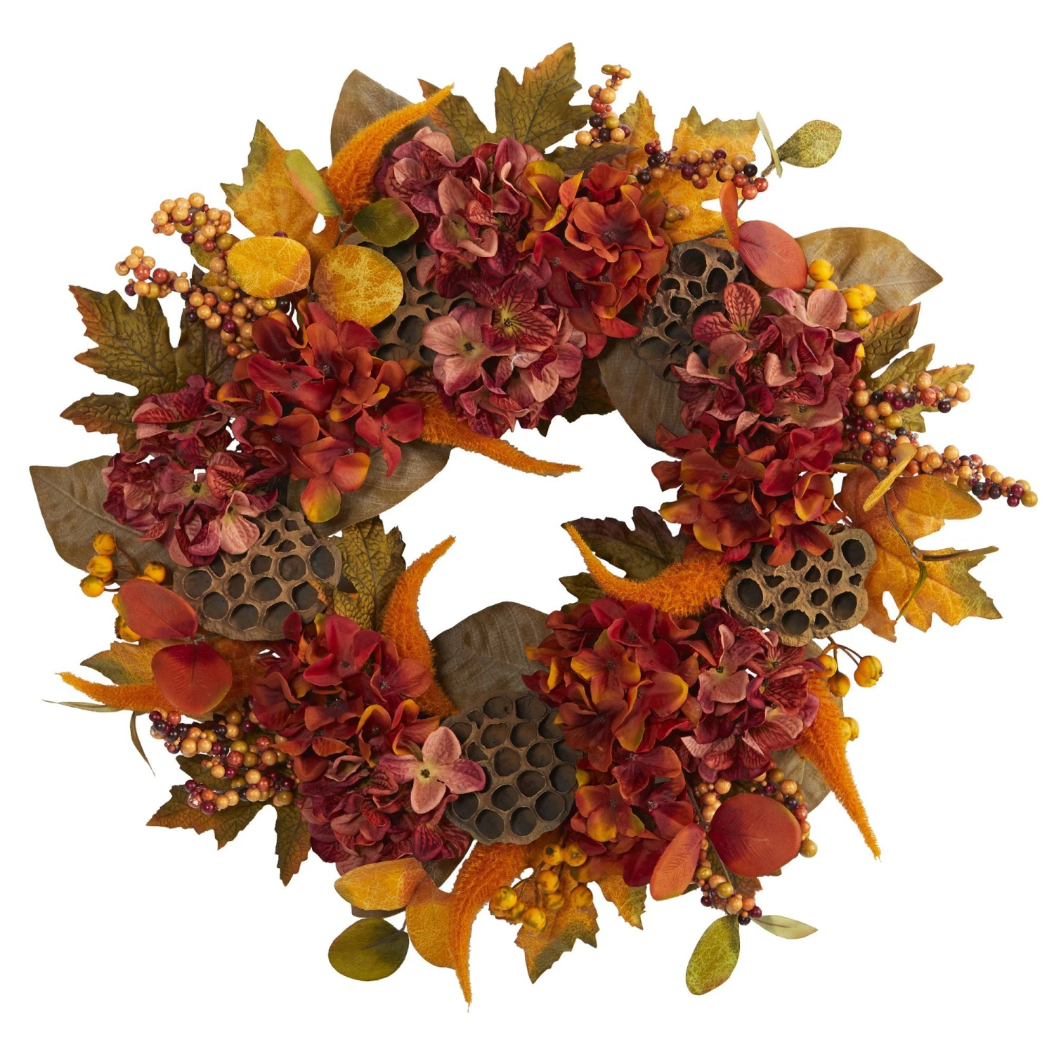 24” Fall Hydrangea, Lotus And Berries Artificial Wreath 1 24” Fall Hydrangea, Lotus And Berries Artificial Wreath