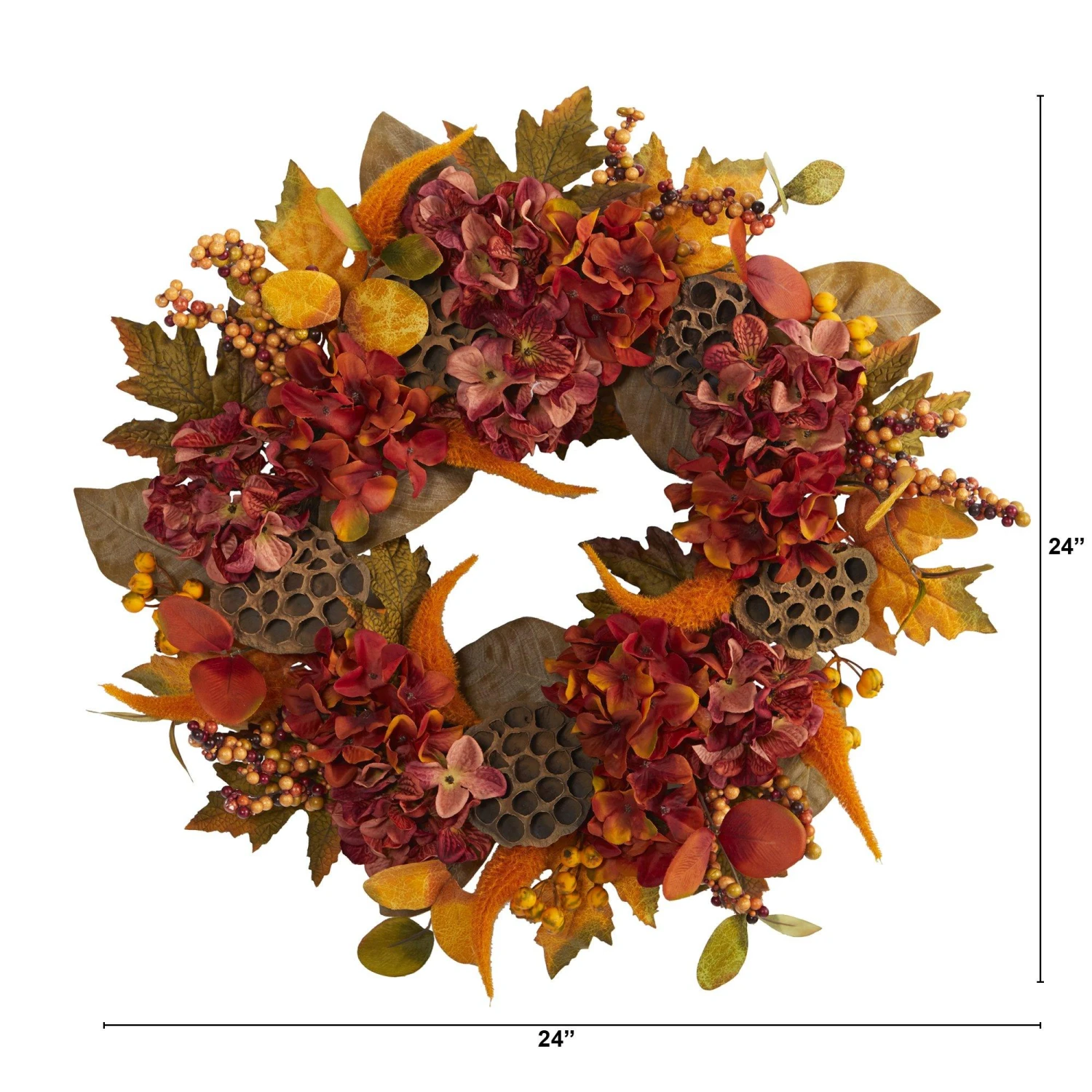 24” Fall Hydrangea, Lotus And Berries Artificial Wreath 3 24” Fall Hydrangea, Lotus And Berries Artificial Wreath - Image 3