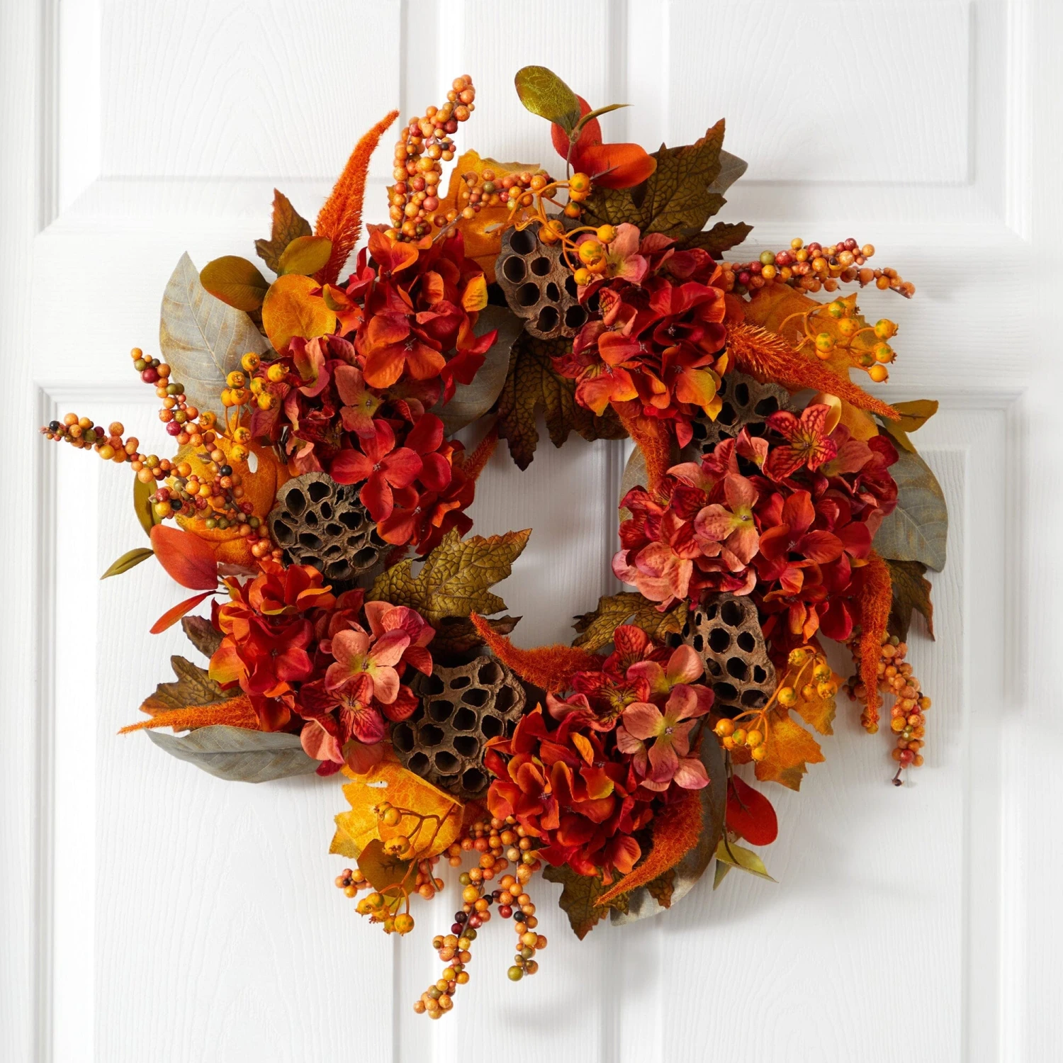 24” Fall Hydrangea, Lotus And Berries Artificial Wreath 2 24” Fall Hydrangea, Lotus And Berries Artificial Wreath - Image 2