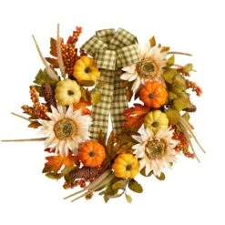 24” Fall Pumpkin, Sunflower Artificial Autumn Wreath With Decorative Ribbon