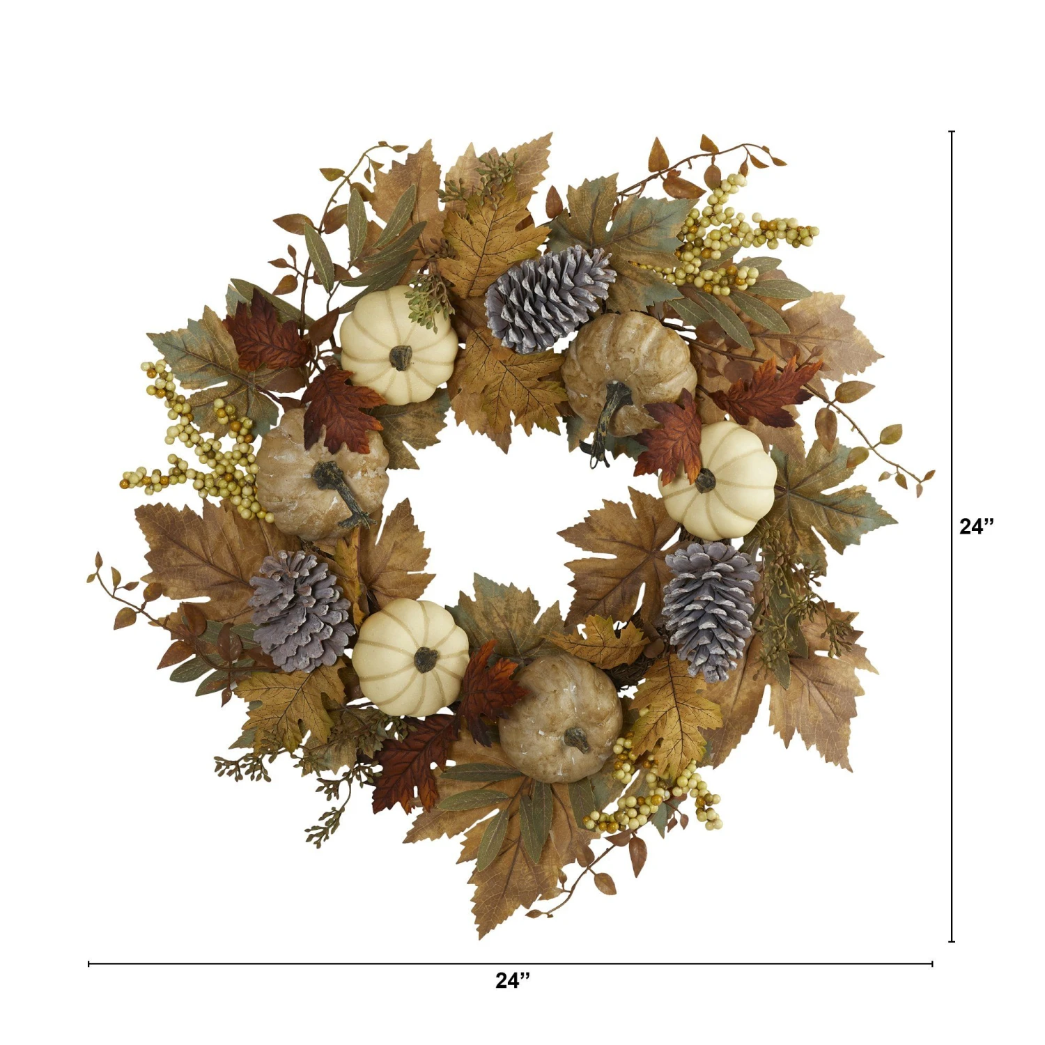 24” Fall Pumpkins, Pine Cones And Berries Artificial Wreath 3 24” Fall Pumpkins, Pine Cones And Berries Artificial Wreath - Image 3