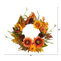 24” Fall Sunflower, Pumpkin, Gourds, Pinecone And Berries Autumn Artificial Wreath -Artificial Trees Store artificial 24 fall sunflower pumpkin gourds pinecone and berries autumn artificial wreath nearly natural 463642