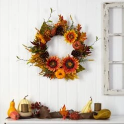 24” Fall Sunflower, Pumpkin, Gourds, Pinecone And Berries Autumn Artificial Wreath -Artificial Trees Store artificial 24 fall sunflower pumpkin gourds pinecone and berries autumn artificial wreath nearly natural 866674