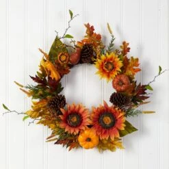 24” Fall Sunflower, Pumpkin, Gourds, Pinecone And Berries Autumn Artificial Wreath -Artificial Trees Store artificial 24 fall sunflower pumpkin gourds pinecone and berries autumn artificial wreath nearly natural 917343