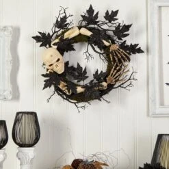 24" Halloween Skull And Bones Wreath" -Artificial Trees Store artificial 24 halloween skull and bones wreath nearly natural 327481