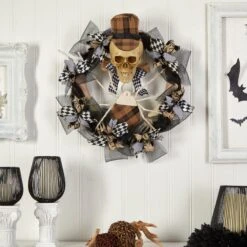 24” Halloween Skull In Plaid Mesh Wreath -Artificial Trees Store artificial 24 halloween skull in plaid mesh wreath nearly natural 480335