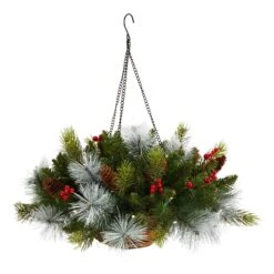 24" Holiday Pre-Lit (30 LED Lights) Pine And Berries Hanging Basket"