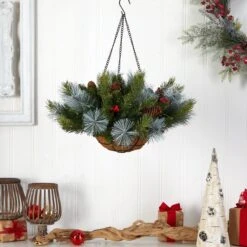 24" Holiday Pre-Lit (30 LED Lights) Pine And Berries Hanging Basket" -Artificial Trees Store artificial 24 holiday pre lit 30 led lights pine and berries hanging basket nearly natural 800565